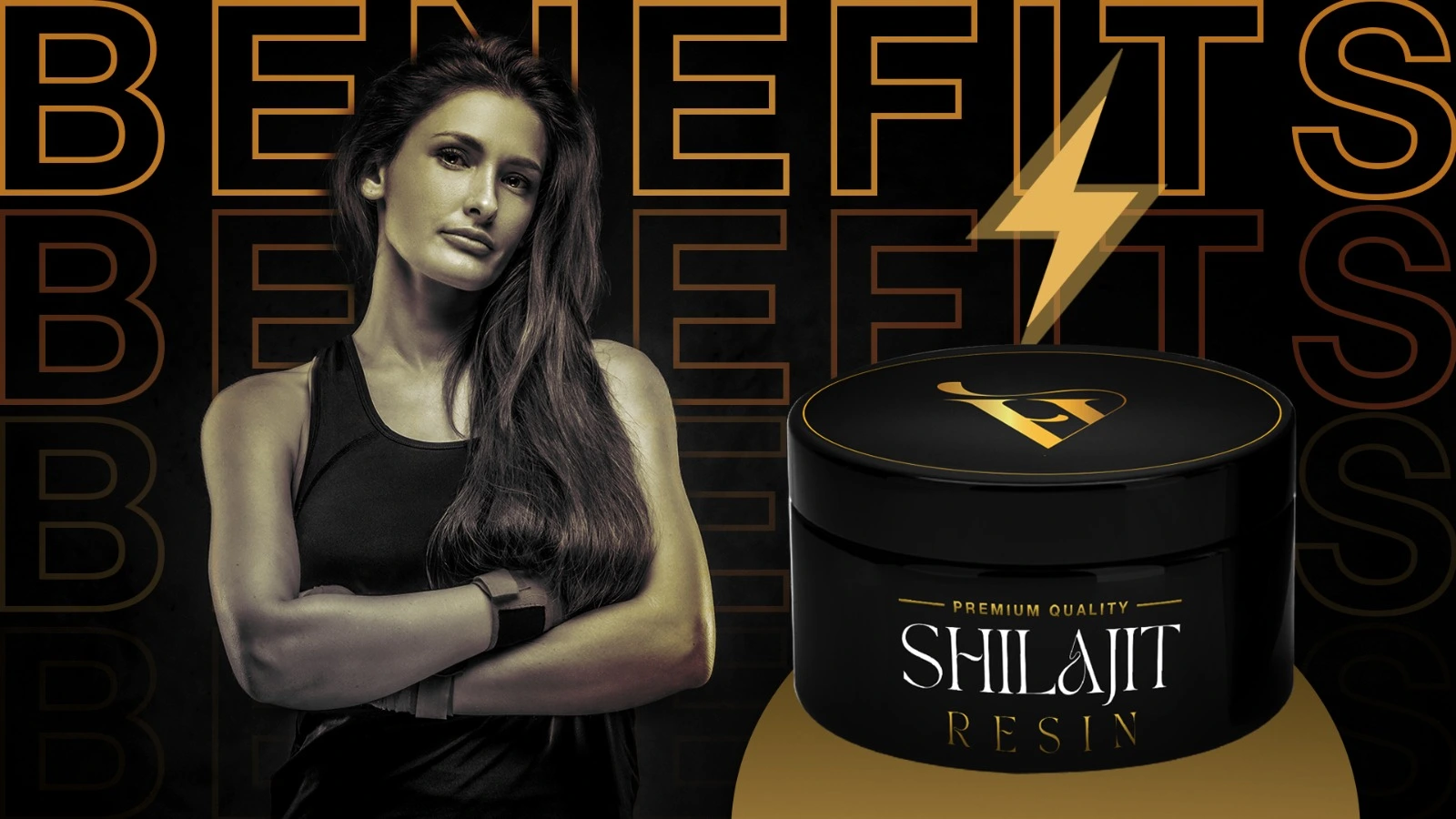 Confident and strong woman standing next to premium quality Shilajit resin, highlighting its benefits for female health and wellness.