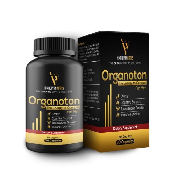 Organoton Capsules For Men 1 Himalayan Vitals Organoton dietary supplement bottle with packaging, designed for men’s energy, cognitive support, testosterone boost, and immune health.